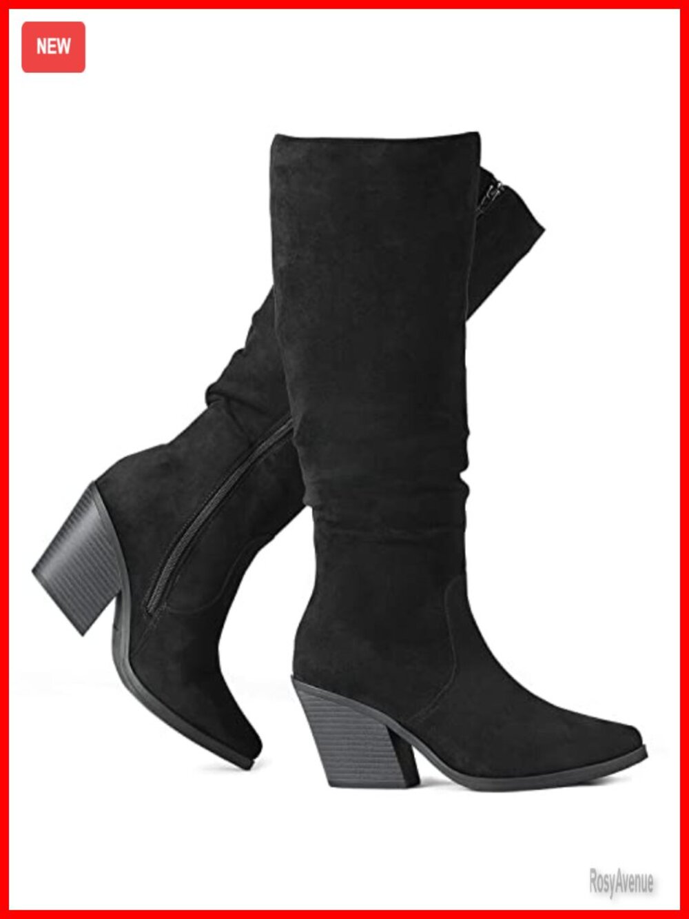 Women's Knee High Faux Suede Slouch Boots Chunky Cuban Heel Side Zip